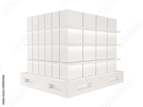 Supermarket wooden product presentation pallet with boxes and packaging stacked on top of each other isolated on white. 3d rendering illustration