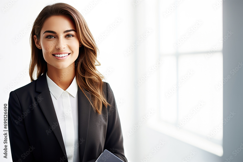 A confident and pretty businesswoman, dressed in a suit, exuding professionalism and success in a corporate setting. A confident and pretty businesswoman, dressed in a suit, exuding professionalism and success in a corporate setting.