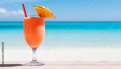 Cocktail on the background of a tropical beach. Beach holiday concept, copy space