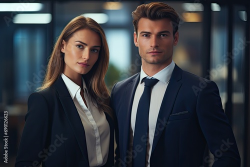Confident businesswoman and businessman, a successful corporate team, stand in their office, portraying professionalism and teamwork. © Iryna