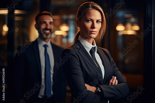 A happy and successful corporate team of professionals, both men and women, standing confidently in an office setting.