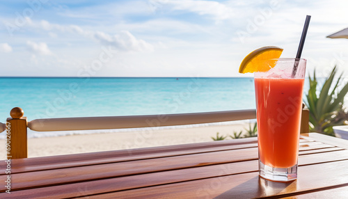 Cocktail on the background of a tropical beach. Beach holiday concept, copy space