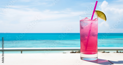 Cocktail on the background of a tropical beach. Beach holiday concept, copy space