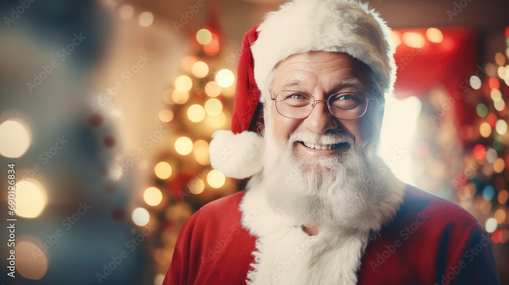 Santa Claus standing in Christmas decorated room, looking at camera and smiling. Christmas spirit concept close up portrait Santa Claus standing in Christmas decorated room, looking at camera and smiling. Christmas spirit concept close up portrait