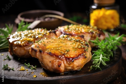 mouthwatering honey mustard pork chops on a rustic table photo
