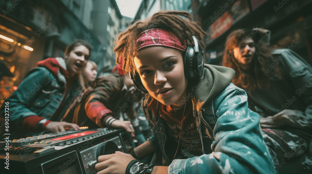 A group of young people in 80s urban style, gathered around a large boombox, graffiti art in the background, capturing the hip-hop and breakdancing culture A group of young people in 80s urban style, gathered around a large boombox, graffiti art in the background, capturing the hip-hop and breakdancing culture