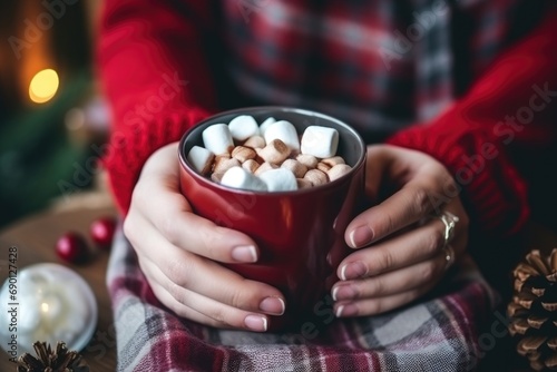 female hand holding a mug filled with hot chocolate and marshmallows