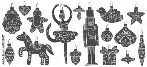 Christmas tree toys in Scandinavian style. Vector set of hand-drawn illustrations of New Year decorations. Silhouettes with Scandi ornaments of ballerina, Nutcracker dolls.