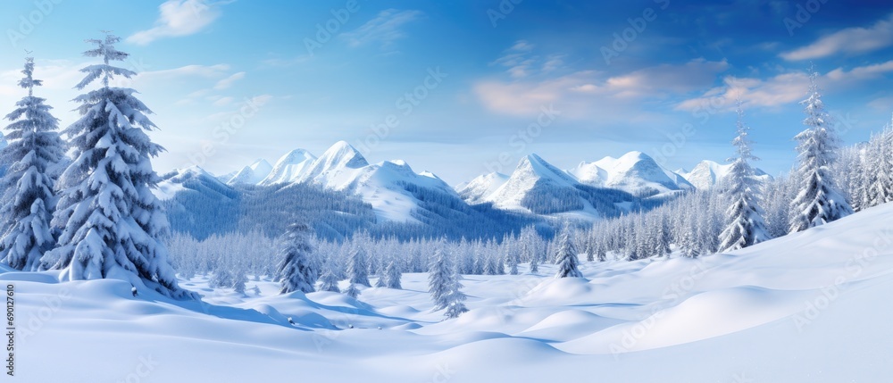 Winter landscape with snow-covered trees and mountains. Seasonal background.