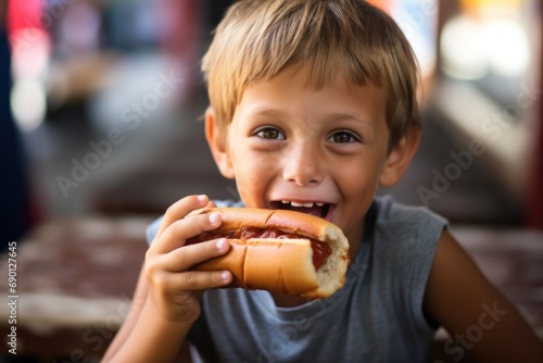 child enjoying a hot dog at a local fair