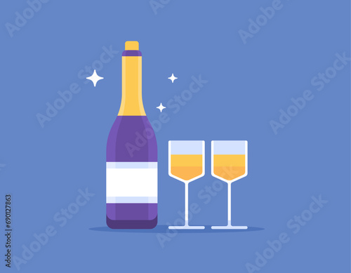 illustration of a bottle of champagne and two glasses. alcoholic beverages, wine, vodka, Tequila. flat or cartoon illustration design. graphic elements. vector