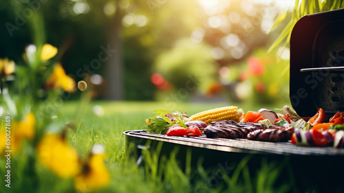 A portable grill in a lush garden with a fiery barbecue and vegetables, capturing the essence of summer outdoor cooking and leisure.