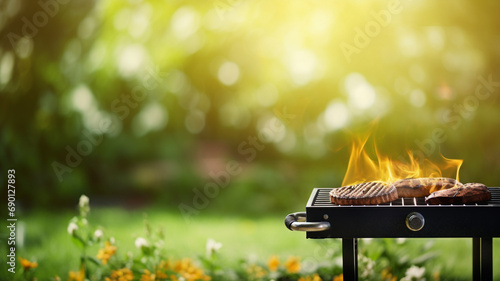 A portable grill in a lush garden with a fiery barbecue and vegetables, capturing the essence of summer outdoor cooking and leisure. photo