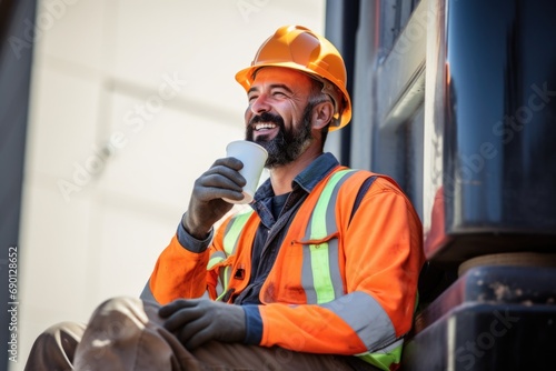 construction worker enjoying iced coffee during breaktime photo