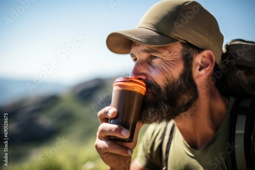 sweaty hiker indulging in a refreshing iced coffee
