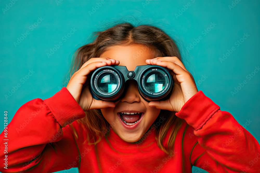 Little girl looking through binoculars dressed in red with cyan background Little girl looking through binoculars dressed in red with cyan background