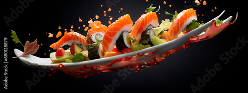 sushi rolls splash food with fish. Selective focus.