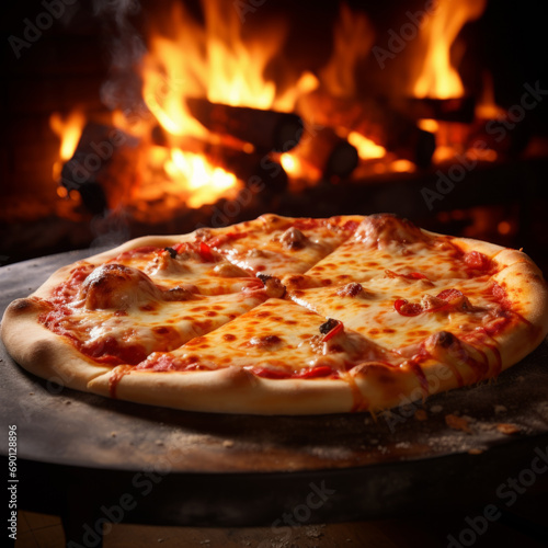 Pepperoni pizza close to charcoal oven on black background.