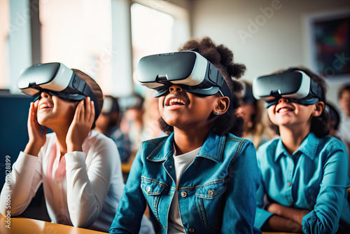 Children in a school class studying with virtual glasses photo