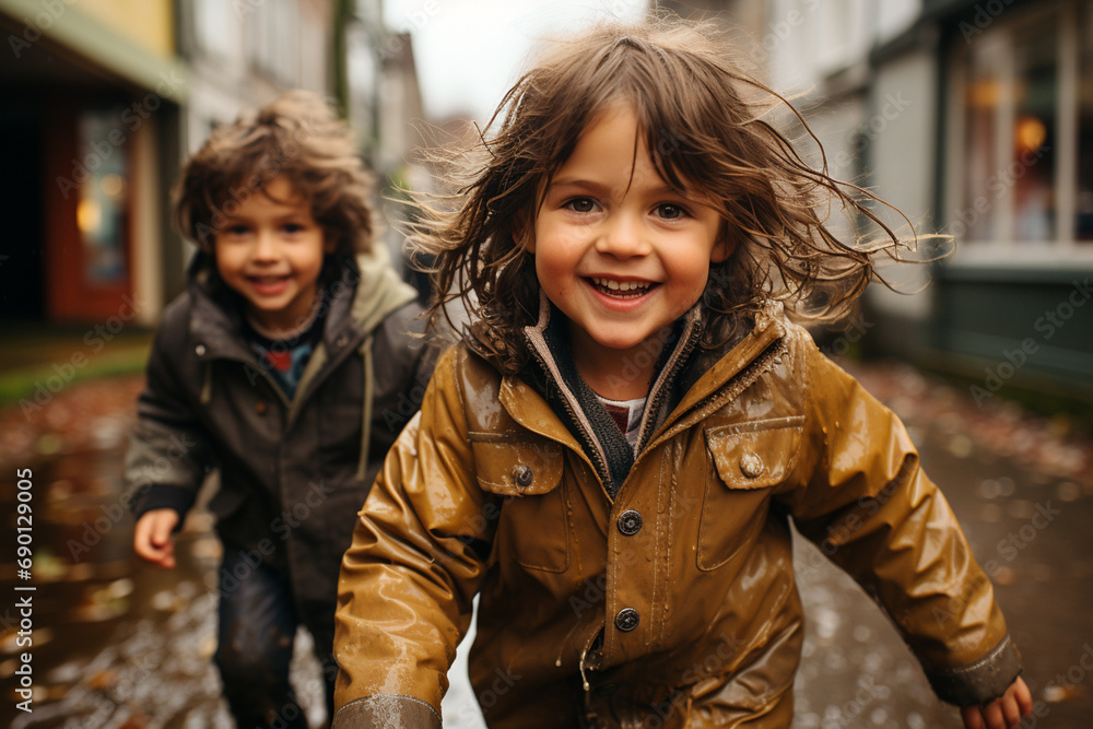 Happy and smiling childran play with puddles in autumn