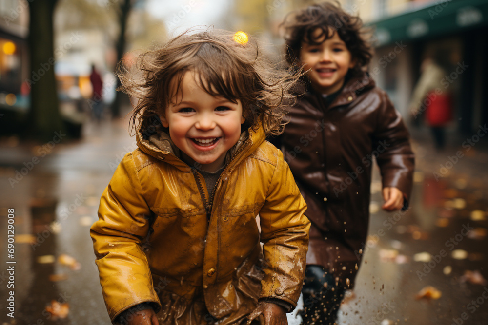 Happy and smiling childran play with puddles in autumn Happy and smiling childran play with puddles in autumn