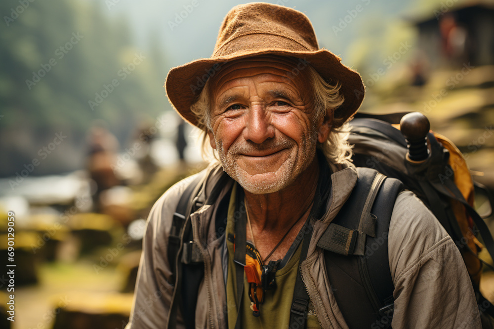 Elderly man with backpack os traveling