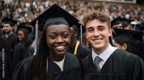 Happy male and female students in graduation hats and gowns against the backdrop of the graduation ceremony. © Evgeniia