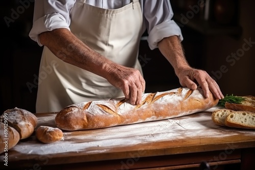 man slicing french baguette