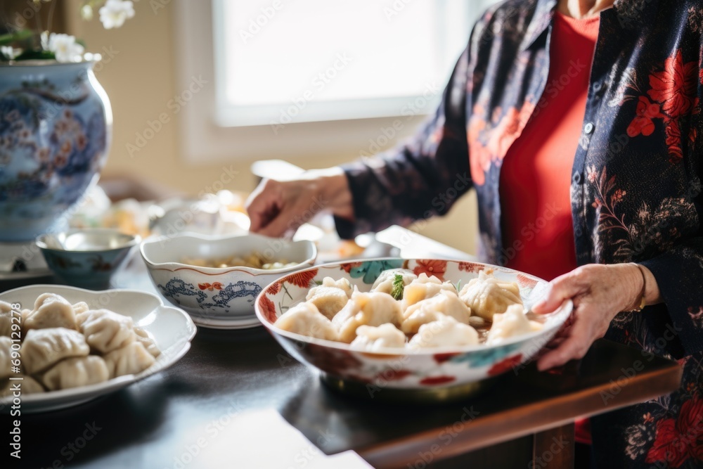 woman serving bowl of chinese dumplings woman serving bowl of chinese dumplings