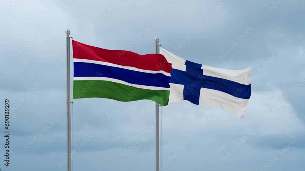 Finland flag and Gambia flag waving together on cloudy sky, endless seamless loop, two country relations concept Finland flag and Gambia flag waving together on cloudy sky, endless seamless loop, two country relations concept
