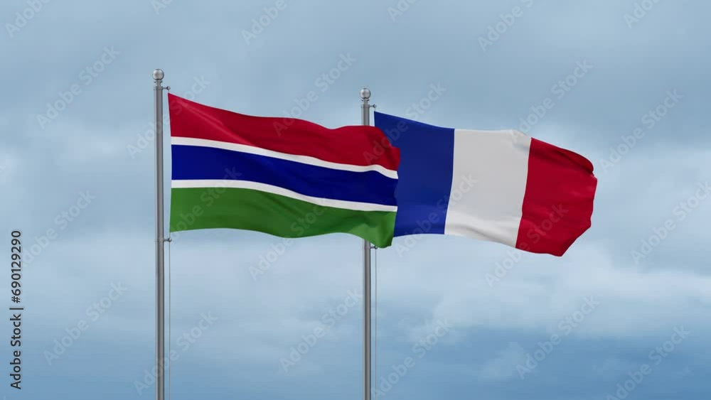France and Gambia flags waving together on cloudy sky, endless seamless loop, two country relations concept France and Gambia flags waving together on cloudy sky, endless seamless loop, two country relations concept
