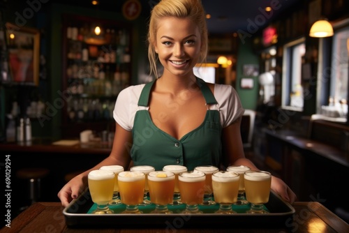 barmaid serving a tray full of frothy ipa beers
