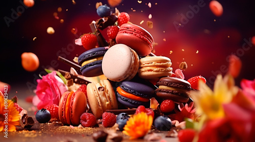 splash of different macaroons with flowers and berries. Selective focus.