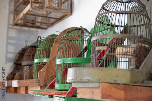 Old bird cage, partridge, bird with localized focus photo