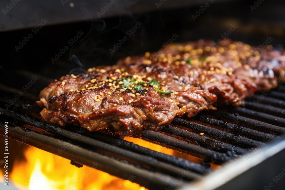 closeup of a juicy piece of bulgogi on a cooking grill closeup of a juicy piece of bulgogi on a cooking grill