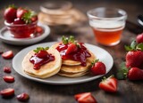 Pancakes with strawberry jam on a wooden table, selective focus