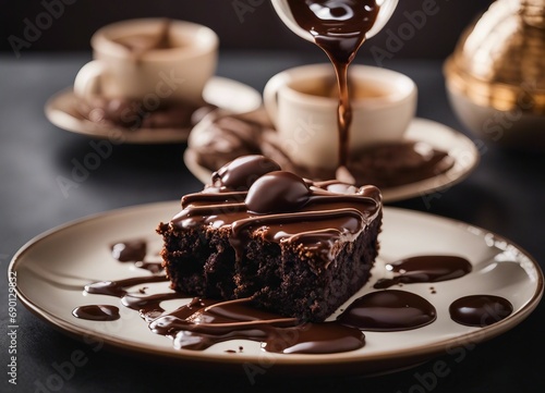 Chocolate cake with chocolate sauce and cup of coffee on black background