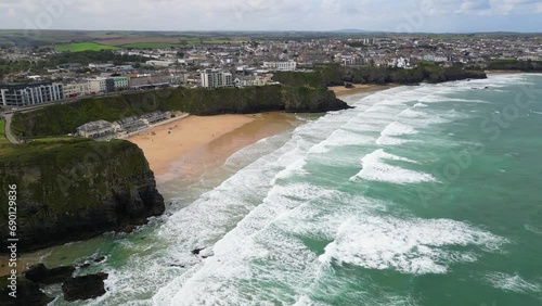 Aerial view of Tolcarne Beach in Newquay town, Cornwall, England, UK photo