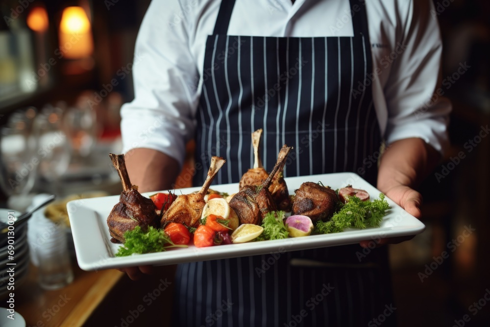 waiter serving lamb chops at a restaurant