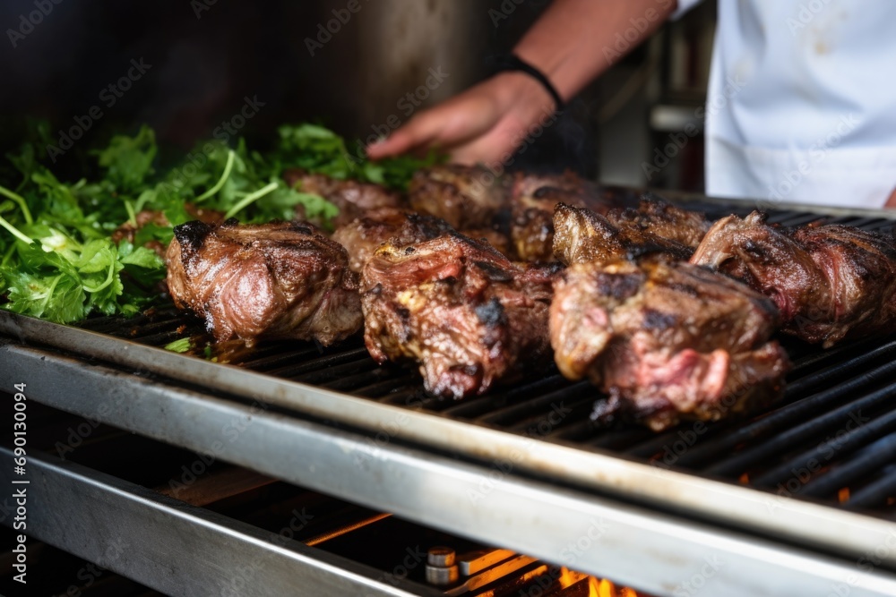 over the shoulder view of a chef grilling lamb chops