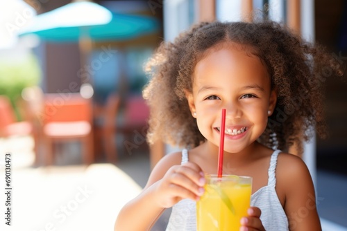 girl sipping lemonade with a straw on a hot day photo