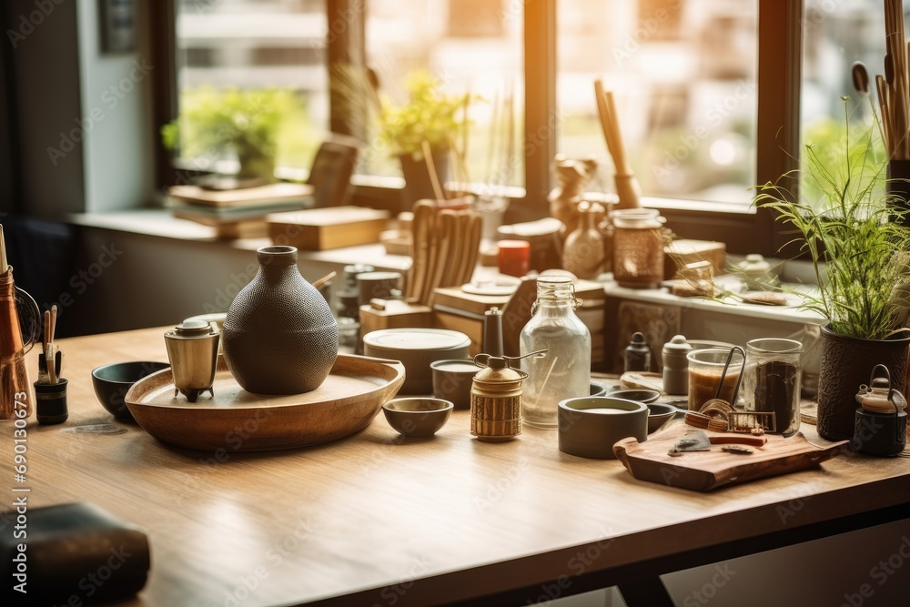 Traditional tea set on wooden table with sunlight, Asian culture and cuisine