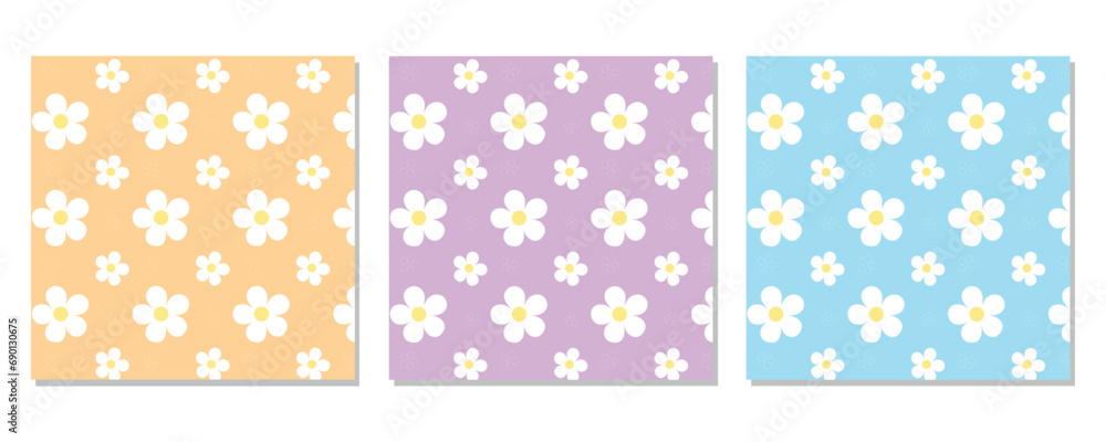 Set of three abstract square seamless patterns with vintage groovy daisy flowers. Retro floral vector background surface design, textile, stationery, wrapping paper, covers. 60s, 70s, 80s style Set of three abstract square seamless patterns with vintage groovy daisy flowers. Retro floral vector background surface design, textile, stationery, wrapping paper, covers. 60s, 70s, 80s style