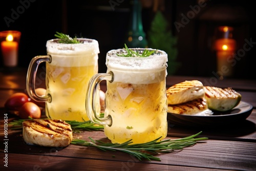 light beer in frosty mugs with grilled chicken burgers on a table