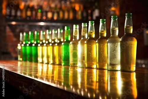 row of light lager beer bottles on a bar countertop