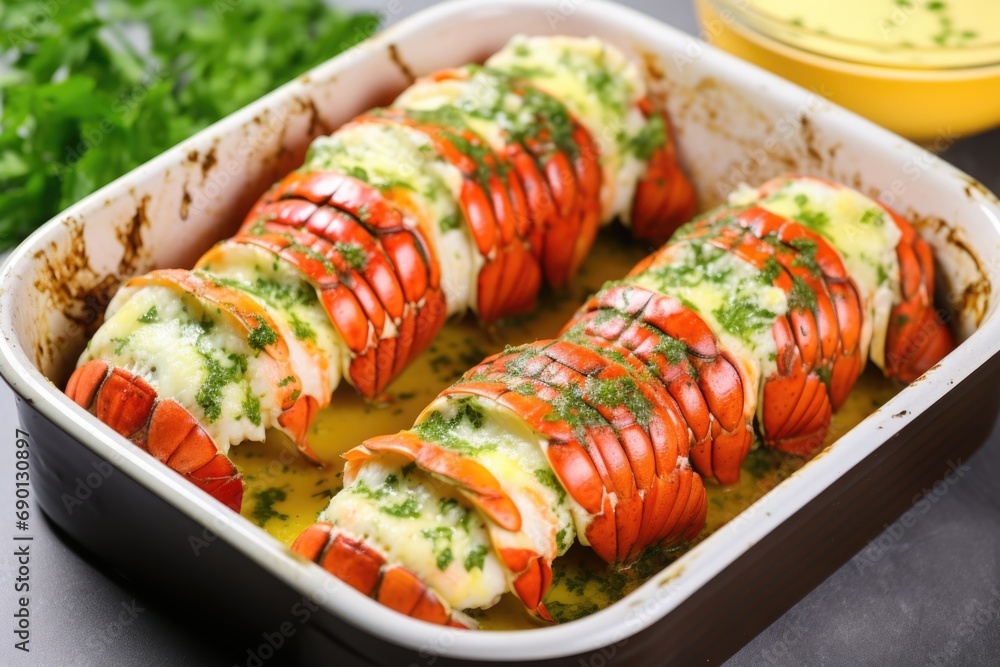 lobster tails in a baking dish, covered in herb butter lobster tails in a baking dish, covered in herb butter