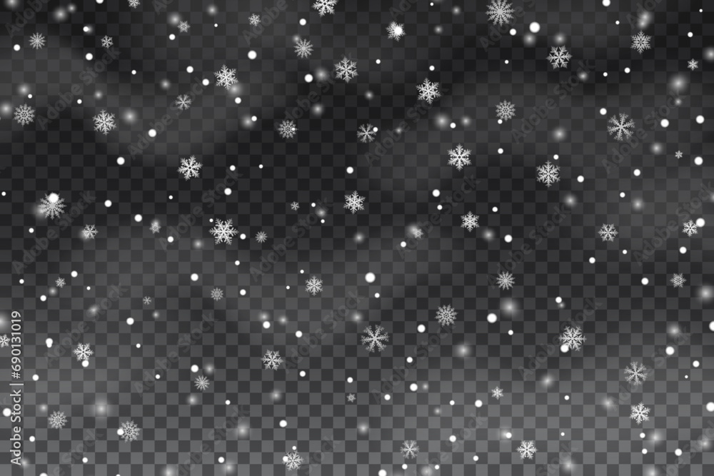 Falling realistic snowflakes on a transparent background for winter decor. Frost storm effect. New Year and Christmas background with snow in the air. Snow wallpaper, decorative element. Falling realistic snowflakes on a transparent background for winter decor. Frost storm effect. New Year and Christmas background with snow in the air. Snow wallpaper, decorative element.