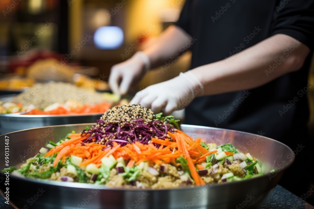 chef preparing a large quinoa bowl at event catering