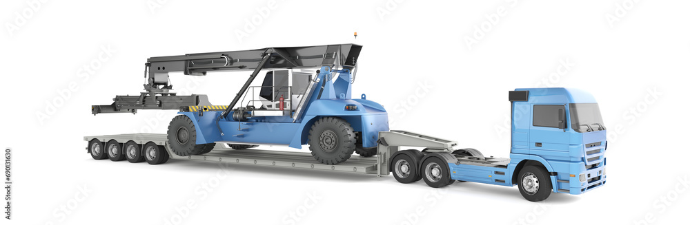 Loader (reach stacker) on a trailer platform at the truck ready for transportation. 3d illustration. Isolated on white background.