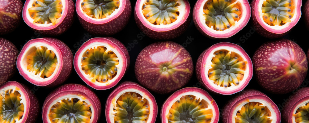 Top view of fresh purple passion fruit harvest for background. - obrazy, fototapety, plakaty 